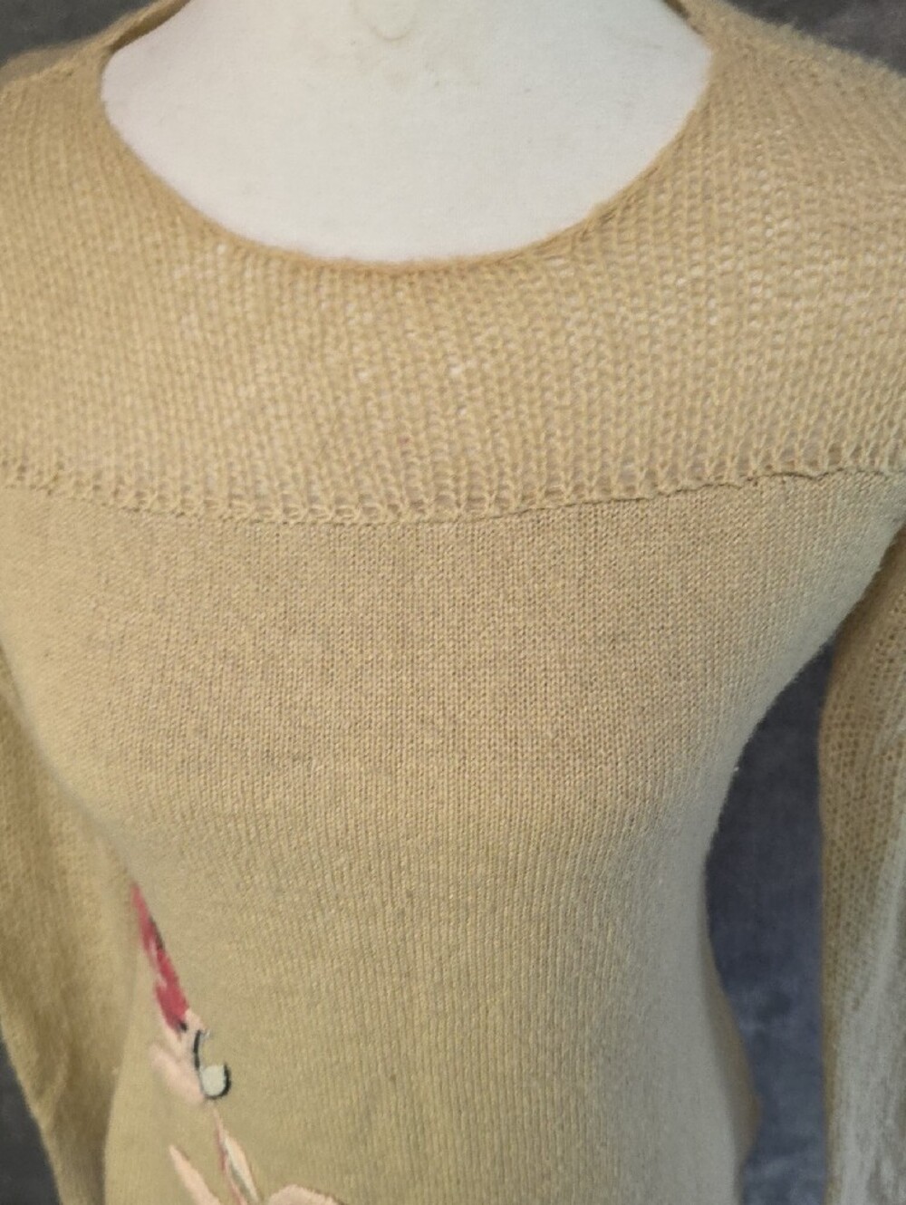 Wooden Ships Beige Crewneck Sweater with Pink Floral Appliqué - Picture 3 of 8